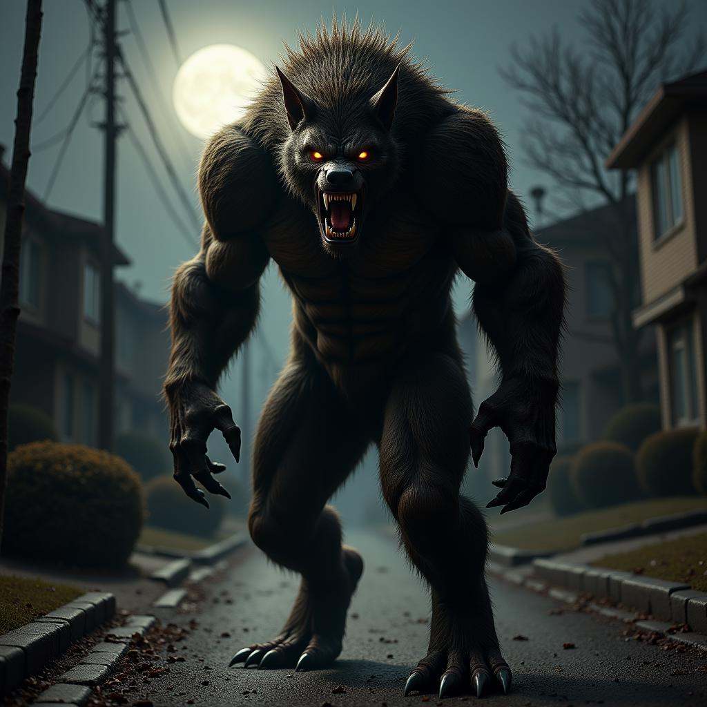 terrifying masterpiece werewolf photo ,  werewolf standing in a realistic suburb at night time,  dim light from full moons...