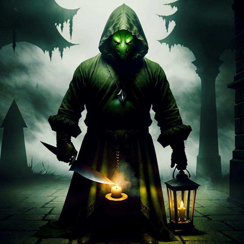 hyperealistic photo of tonberry (dark fantasy),  holding knife and lantern,  eerie on Tensor.Art