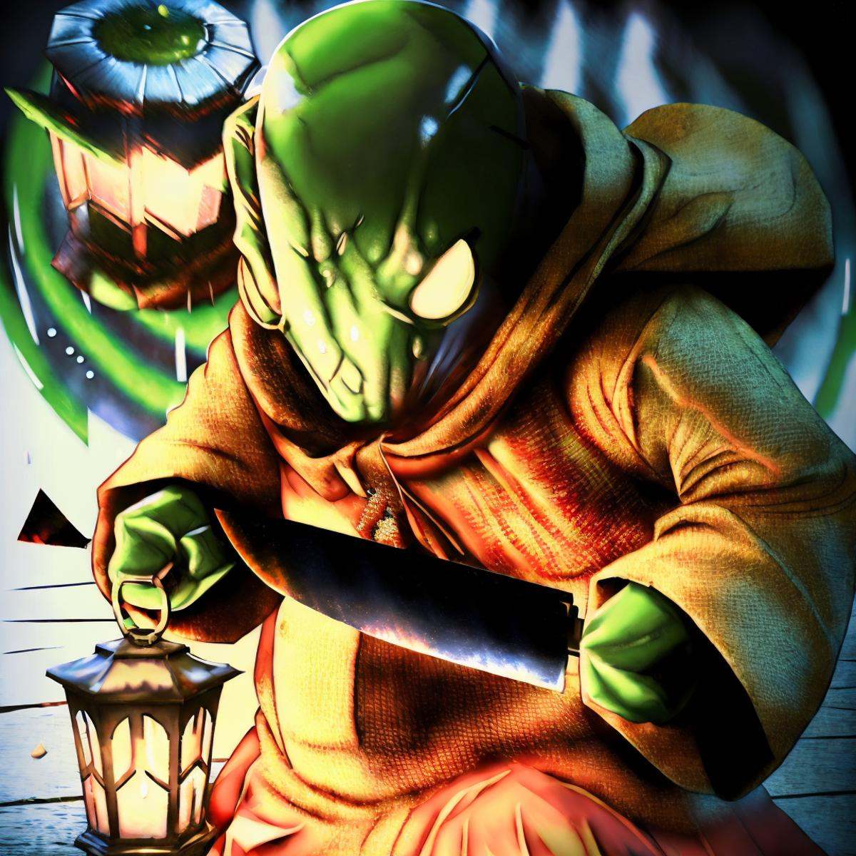 hyperealistic photo of tonberry ((horror villian)),  holding knife and lantern on Tensor.Art