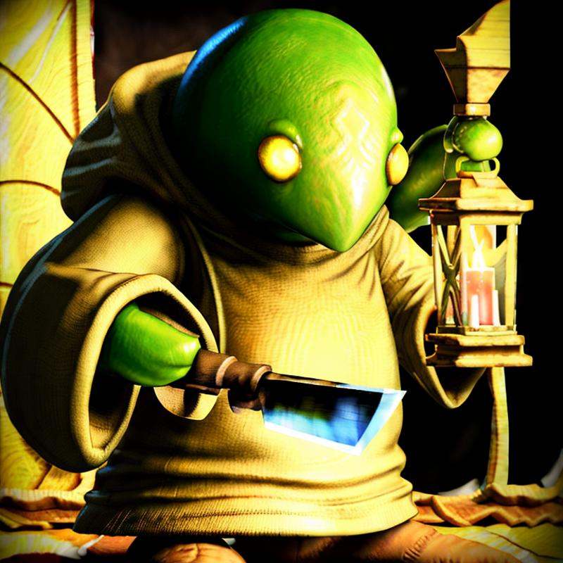 hyperealistic photo of tonberry ((is a Woodcarver)),  holding knife and lantern on Tensor.Art
