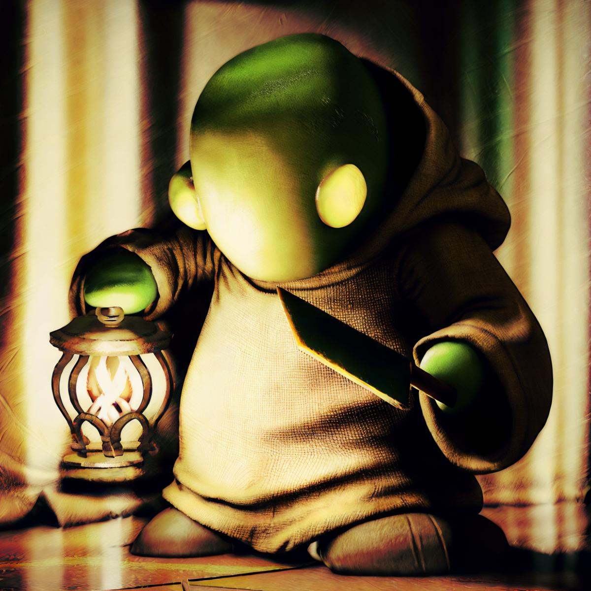 hyperealistic photo of tonberry ((in a tavern)),  holding knife and lantern on Tensor.Art