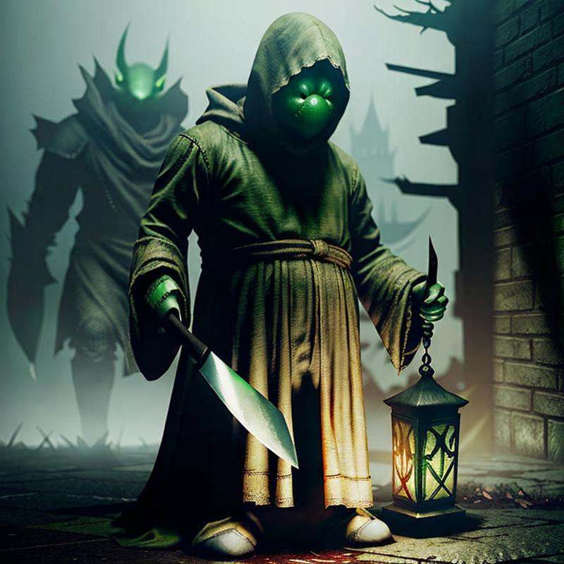hyperealistic photo of tonberry (dark fantasy),  holding knife and lantern,  eerie on Tensor.Art