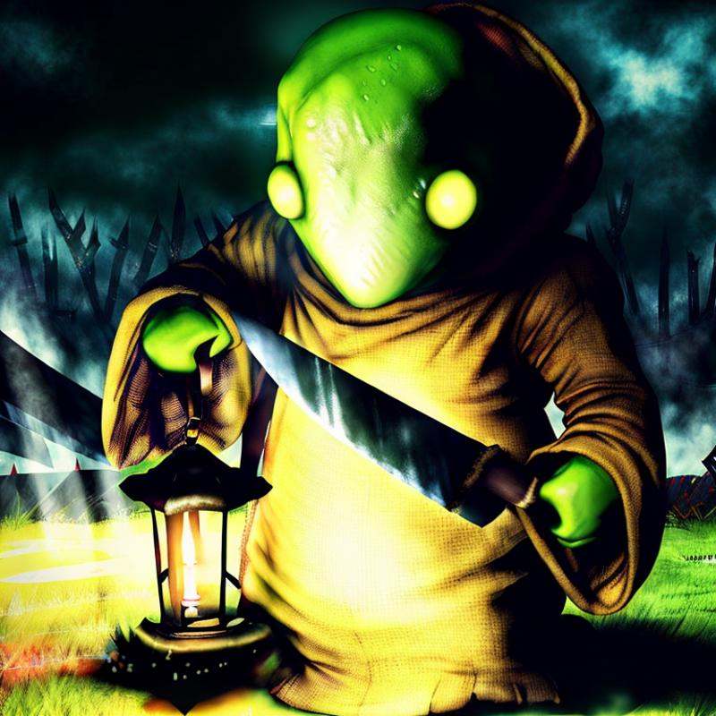 hyperealistic photo of tonberry ((dark fantasy horror)),  holding knife and lantern,  eerie on Tensor.Art