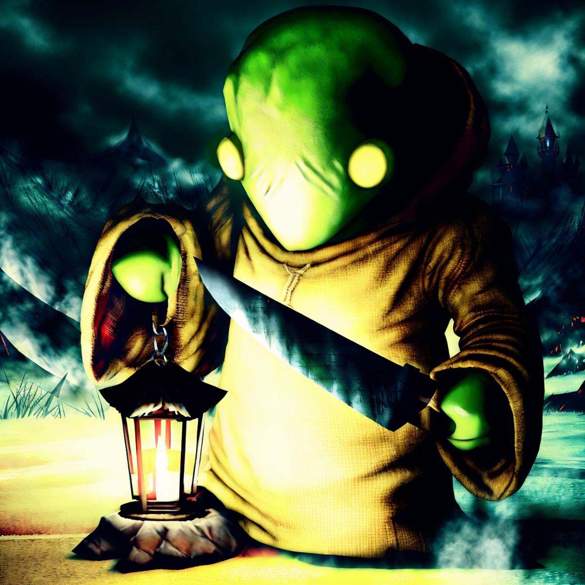 hyperealistic photo of tonberry ((dark fantasy horror)),  holding knife and lantern,  eerie on Tensor.Art
