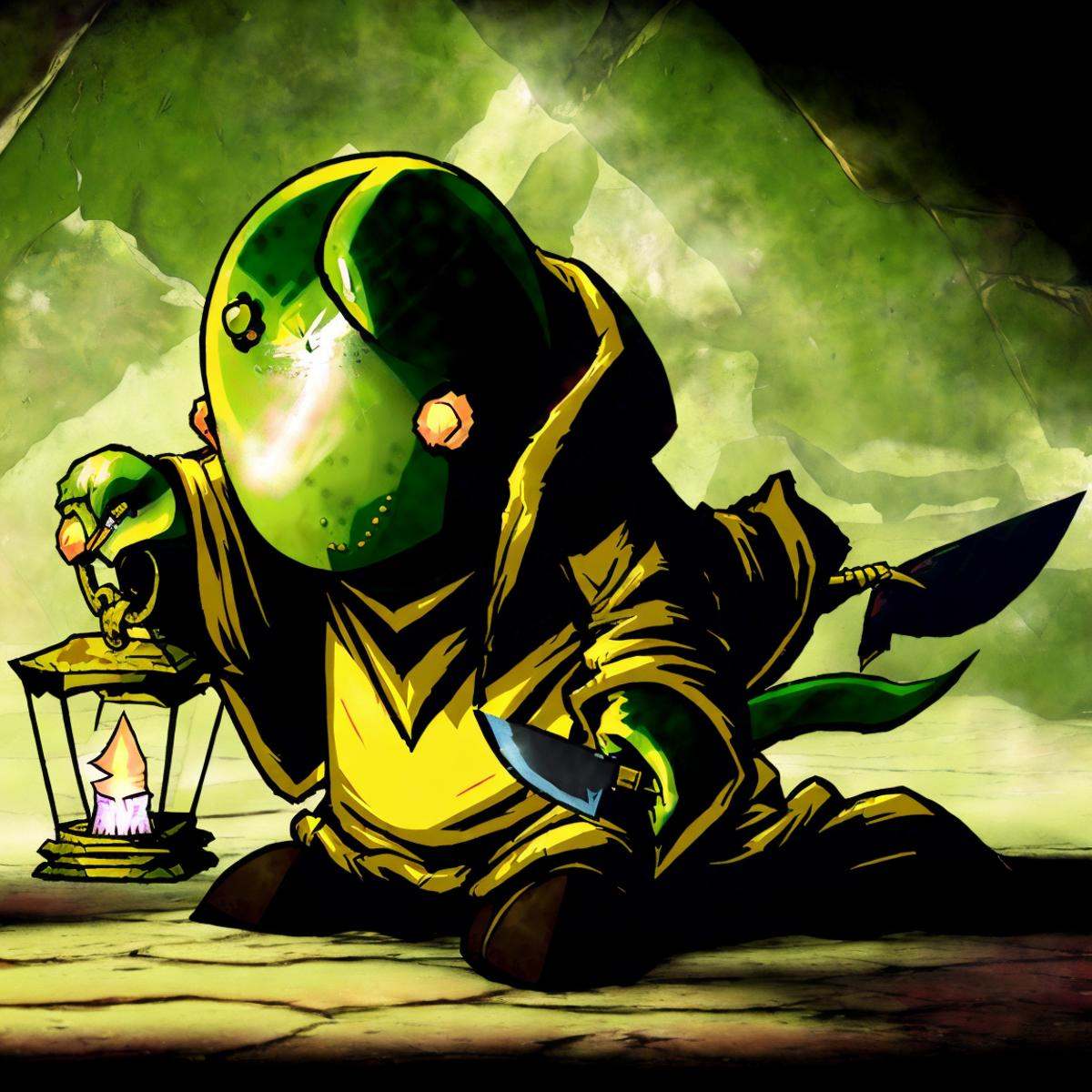 ((tonberry,  holding knife and lantern)),  in a scary cavern on Tensor.Art