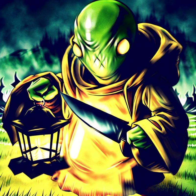 hyperealistic photo of tonberry ((horror villian)),  holding knife and lantern,  eerie on Tensor.Art