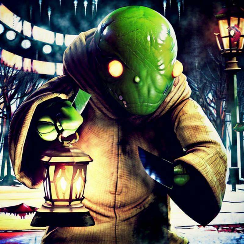 hyperealistic photo of tonberry ((horror villian)),  holding knife and lantern on Tensor.Art