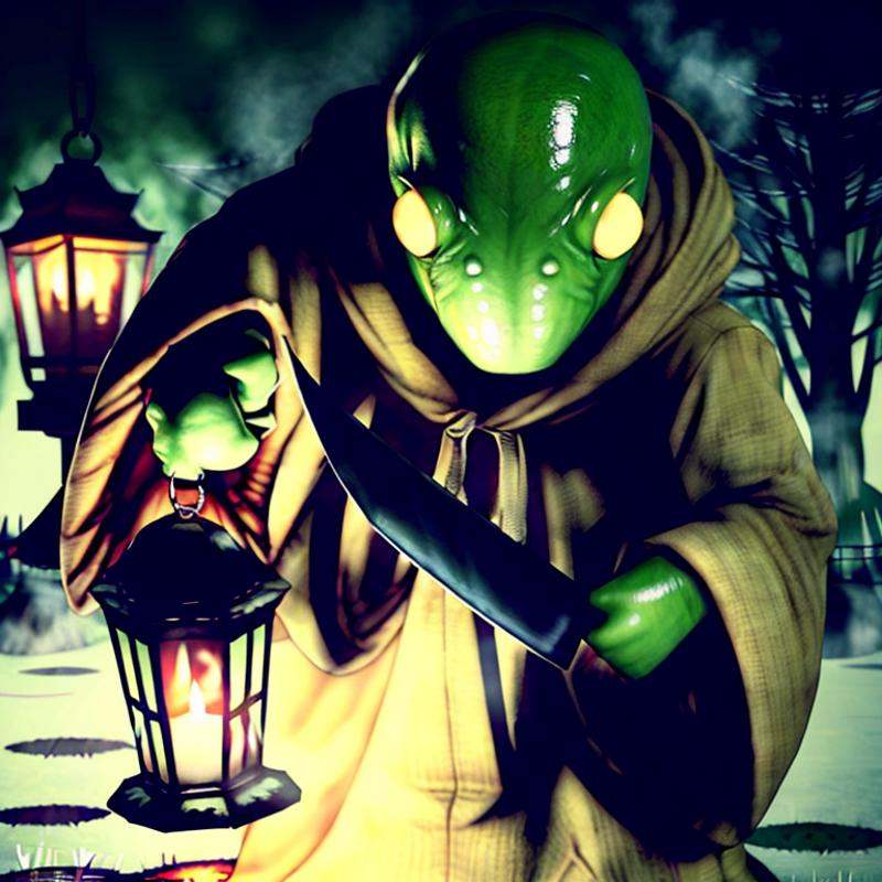 hyperealistic photo of tonberry ((horror villian)),  holding knife and lantern,  eerie on Tensor.Art