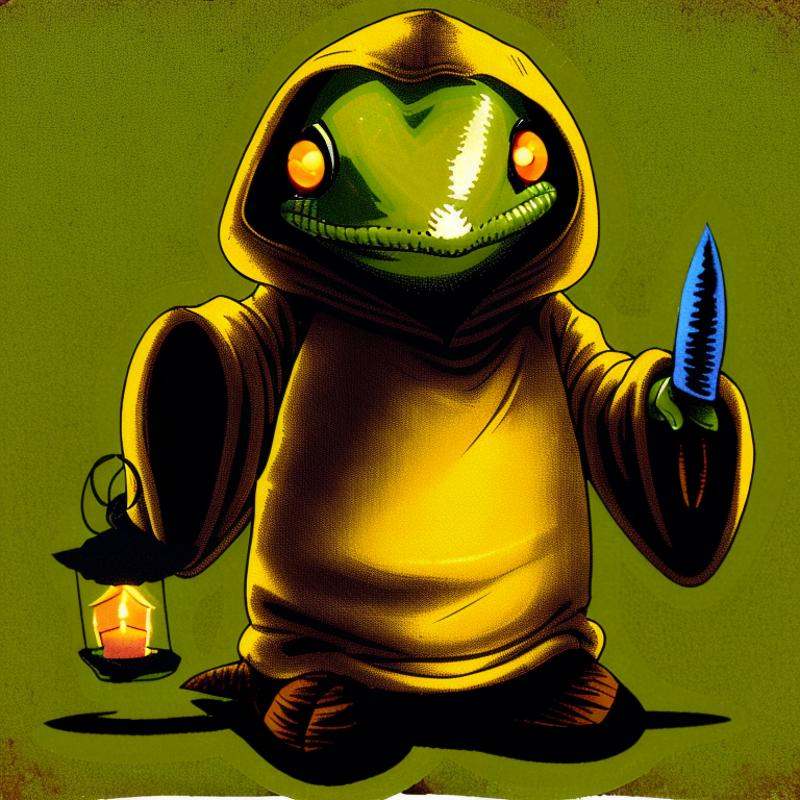 small round humanoid salamander wearing a coarse tattered muted khaki hooded robe,  carrying a knife and a lantern on Tens...