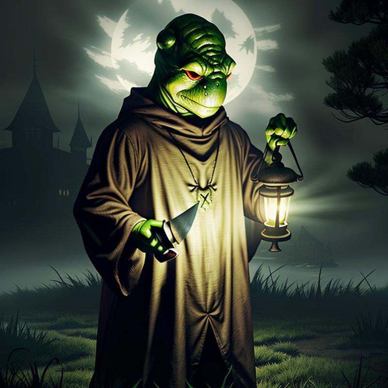 hyperealistic photo of tonberry,  holding knife and lantern,  eerie on Tensor.Art