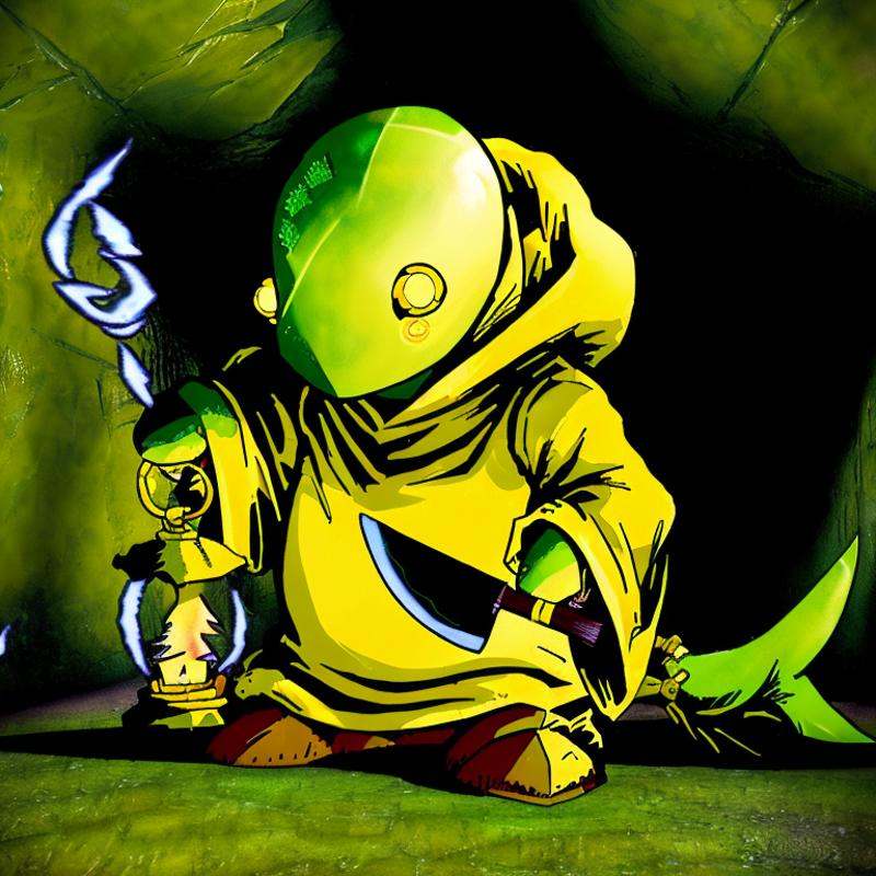 ((tonberry,  holding knife and lantern)),  in a scary cavern on Tensor.Art