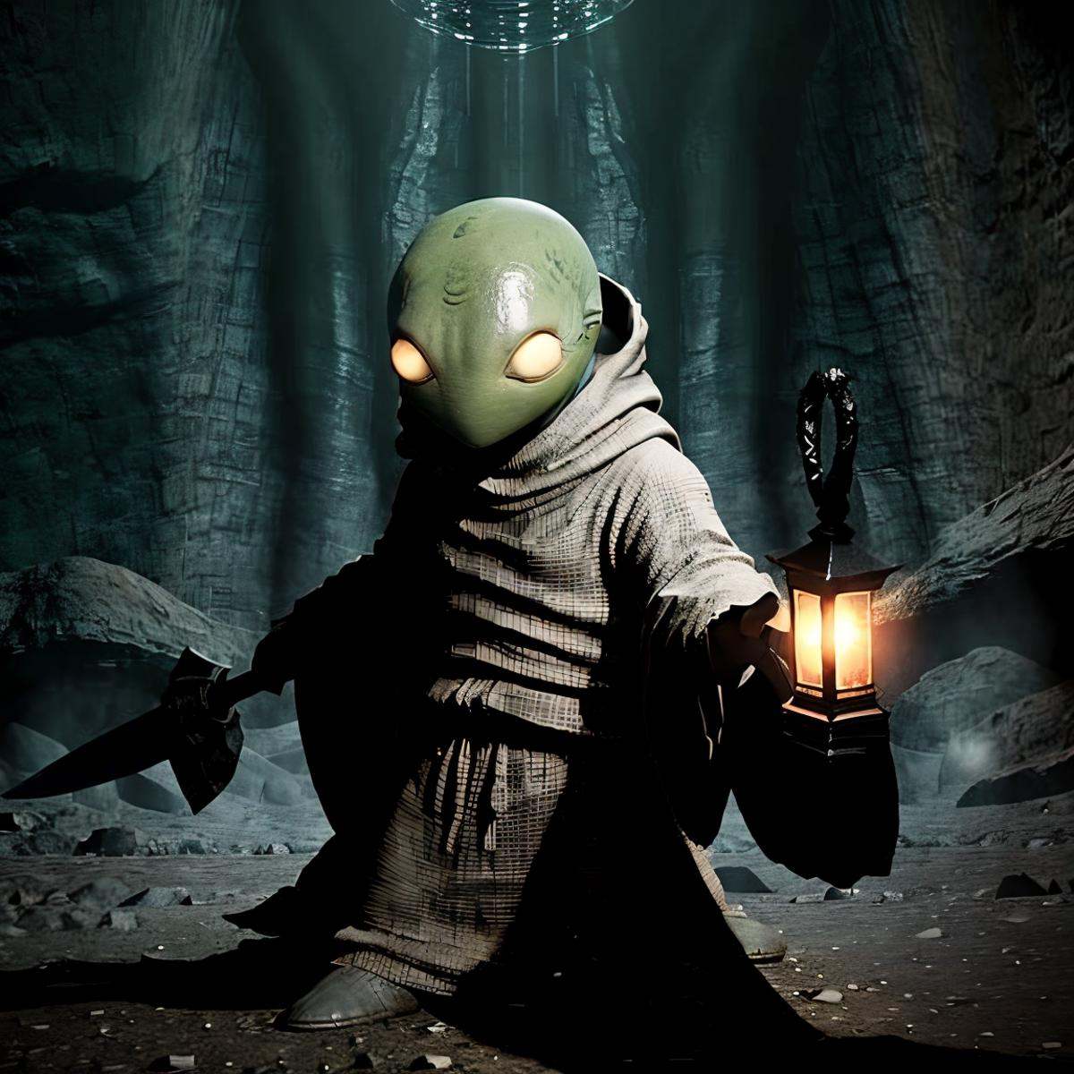 masterpiece eerie fantasy photo of tonberry,  showcasing deadly dagger knife in a cave,  eerie shadows on Tensor.Art