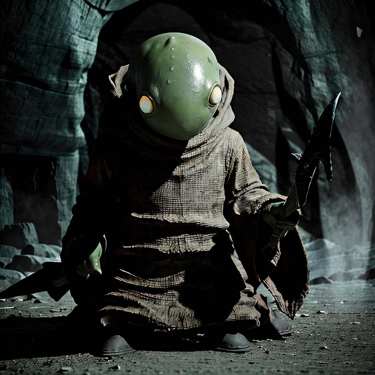 masterpiece eerie fantasy photo of tonberry,  showcasing deadly dagger knife in a cave,  eerie shadows on Tensor.Art