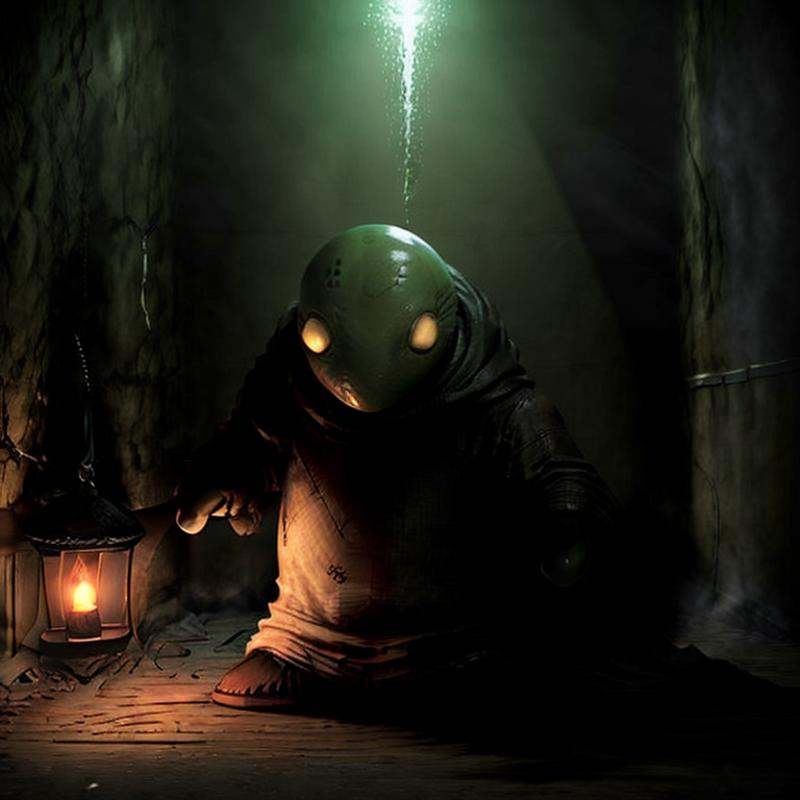masterpiece dark fantasy photo of tonberry,  ((holding (knife) and lantern),  in a underground bunker on Tensor.Art