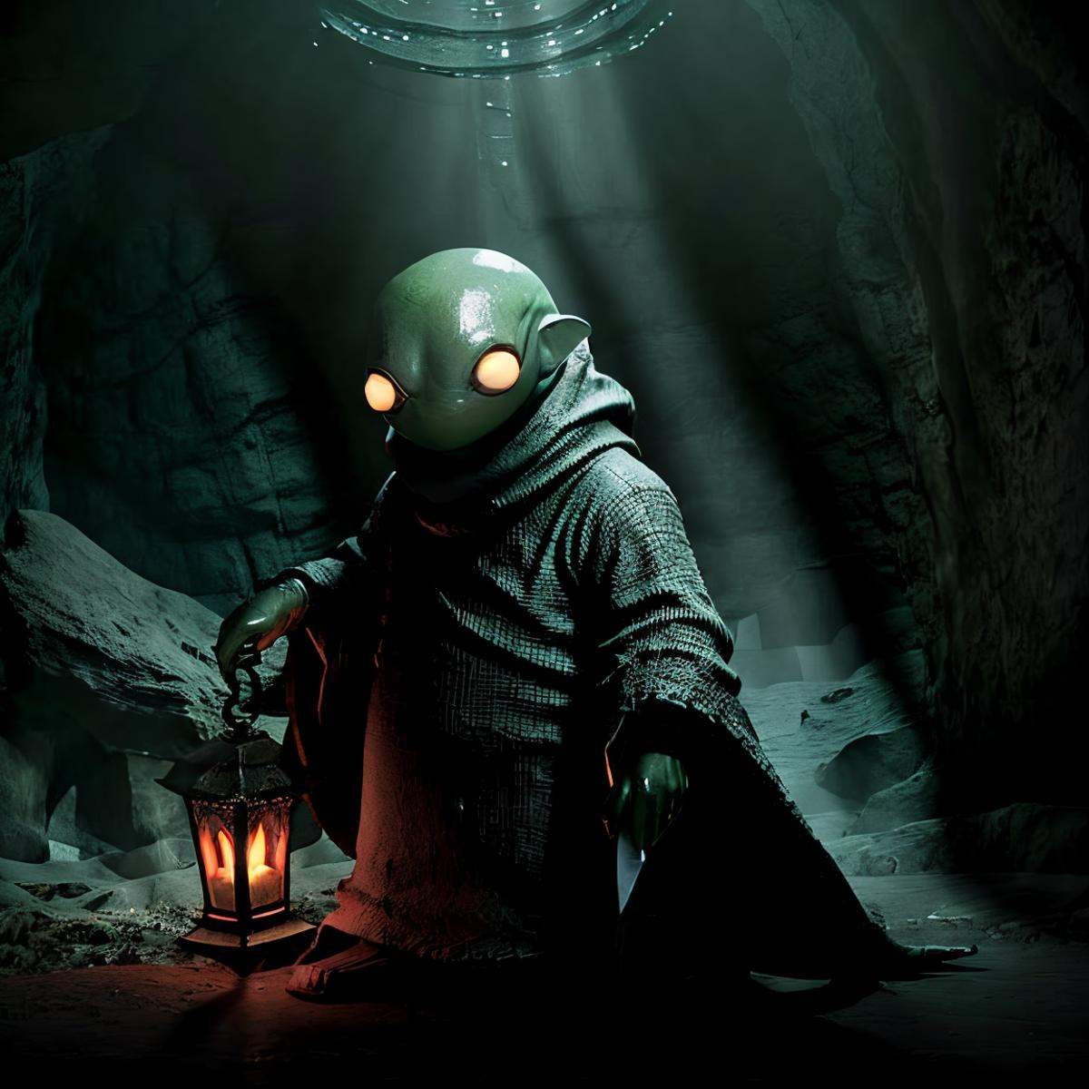 masterpiece eerie fantasy photo of tonberry,  showcasing deadly dagger knife in a cave,  eerie shadows on Tensor.Art