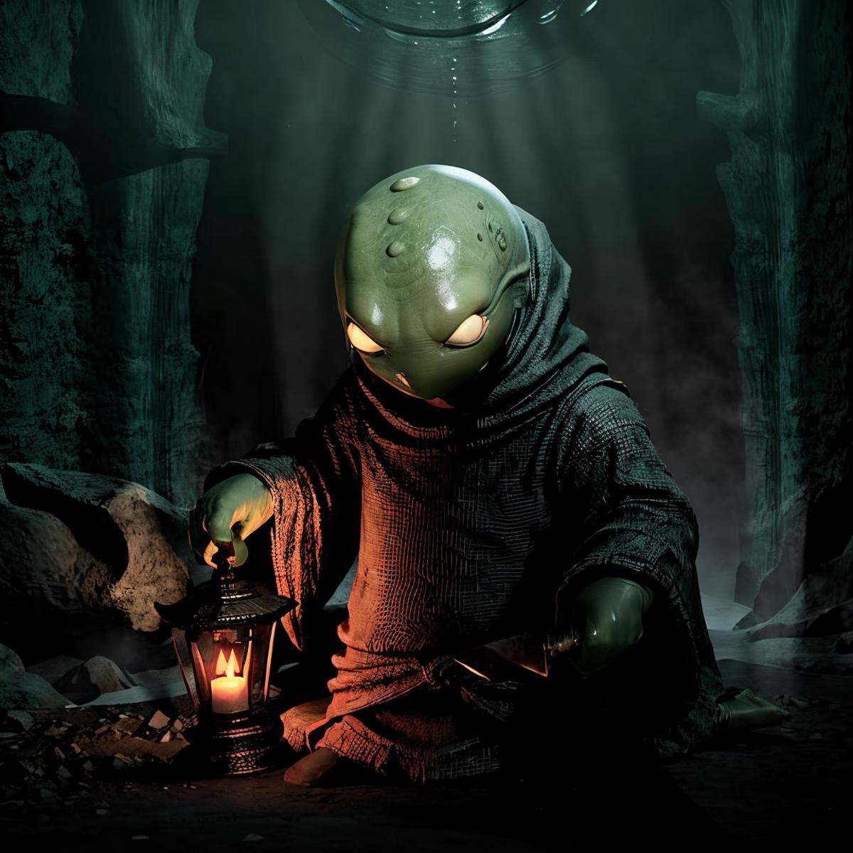 masterpiece eerie fantasy photo of tonberry,  showcasing deadly dagger knife in a cave,  eerie shadows on Tensor.Art