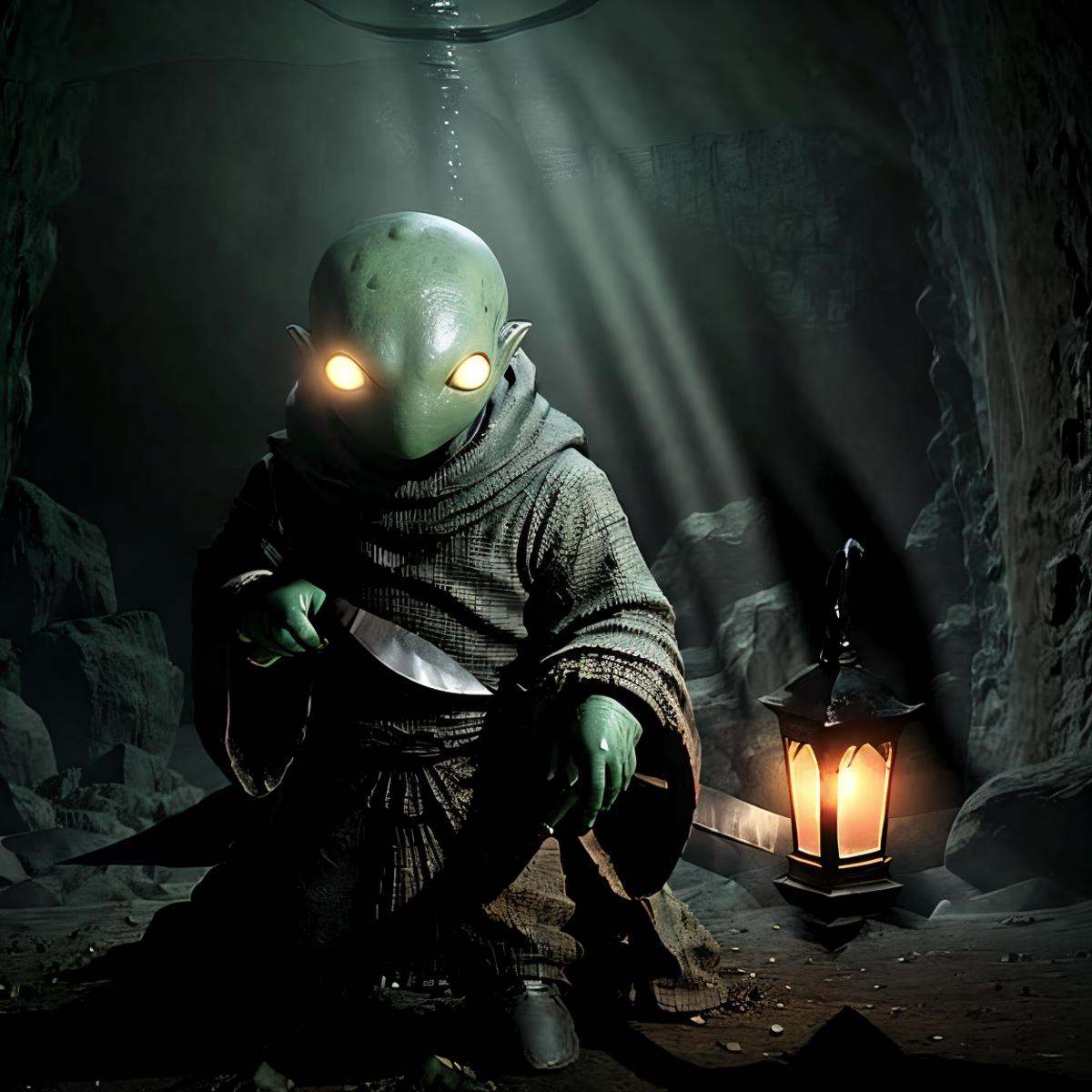 masterpiece eerie fantasy photo of tonberry,  showcasing deadly dagger knife in a cave,  eerie shadows on Tensor.Art