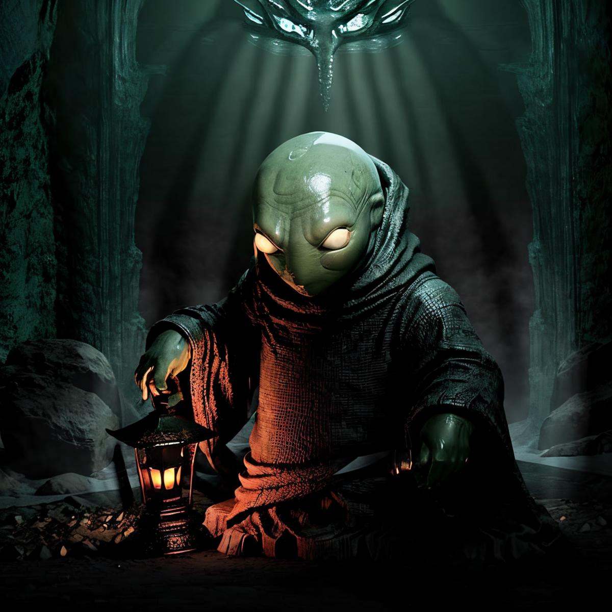 masterpiece eerie fantasy photo of tonberry,  showcasing deadly dagger knife in a cave,  eerie shadows on Tensor.Art