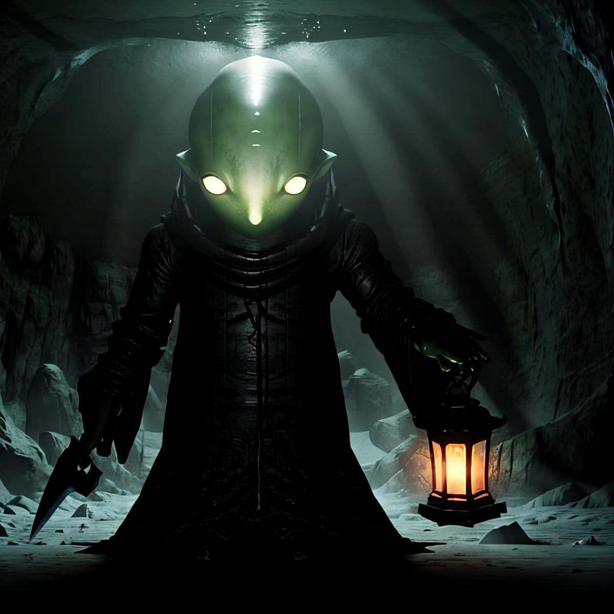 masterpiece eerie fantasy photo of tonberry,  showcasing deadly dagger knife in a cave,  eerie shadows on Tensor.Art