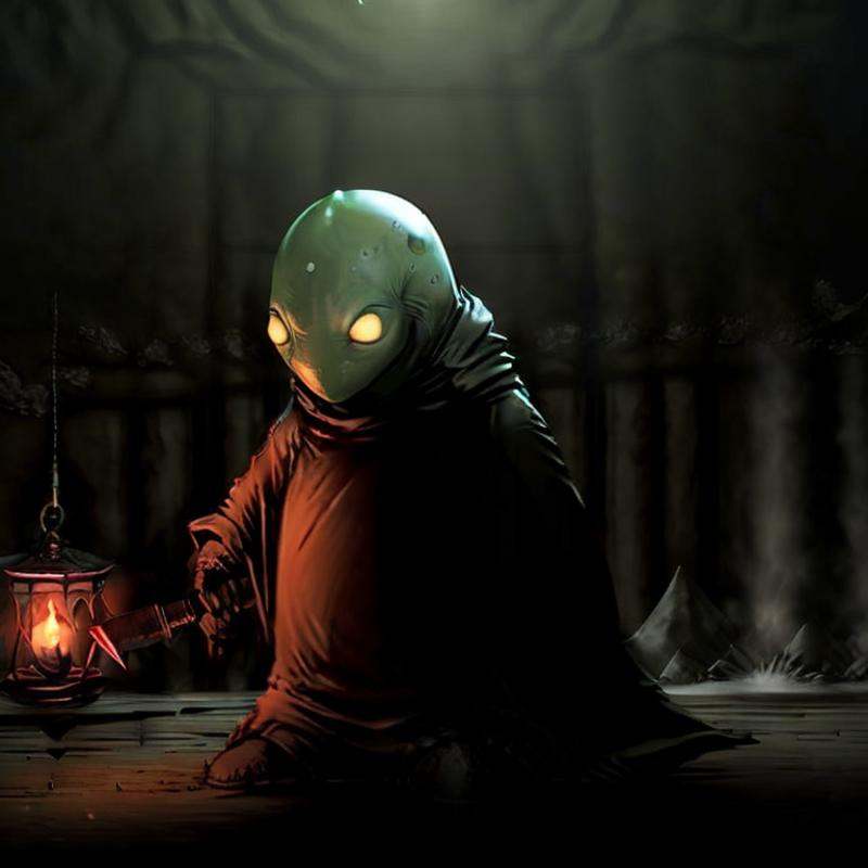 masterpiece dark fantasy photo of tonberry,  ((holding (knife) and lantern),  in a underground bunker on Tensor.Art