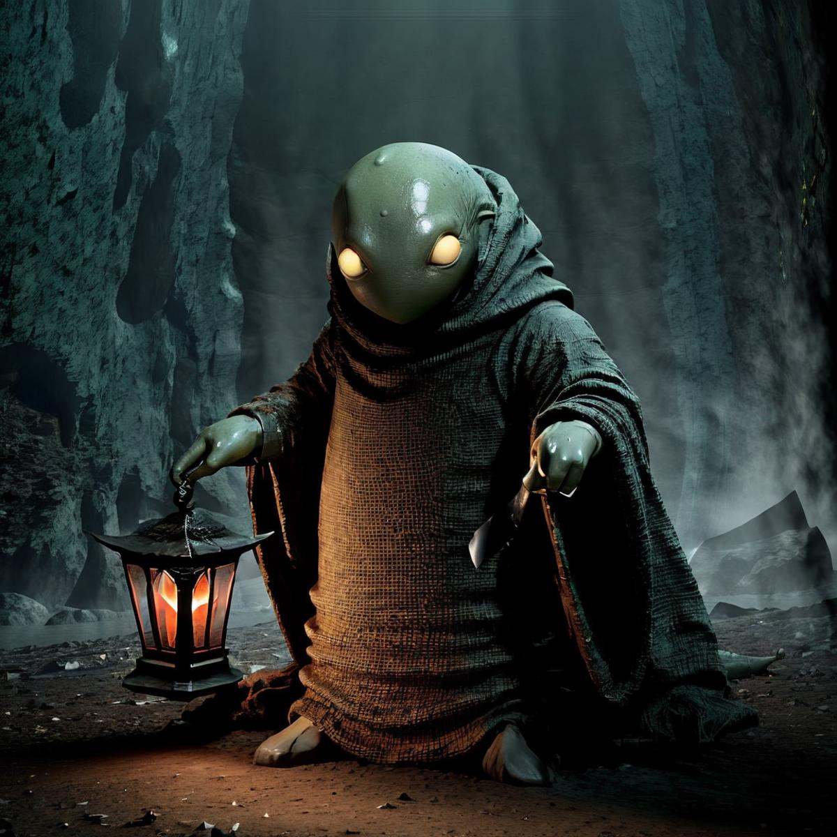 masterpiece eerie fantasy photo of tonberry,  showcasing deadly dagger knife in a cave,  eerie shadows on Tensor.Art
