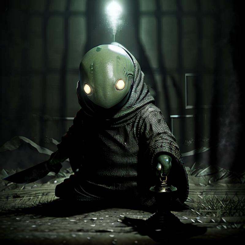 masterpiece dark fantasy photo of tonberry,  ((holding (knife) and lantern),  in a underground bunker on Tensor.Art