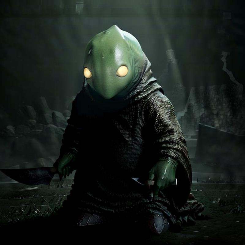 masterpiece dark fantasy photo of tonberry,  ((holding (knife) and lantern),  in a underground bunker on Tensor.Art