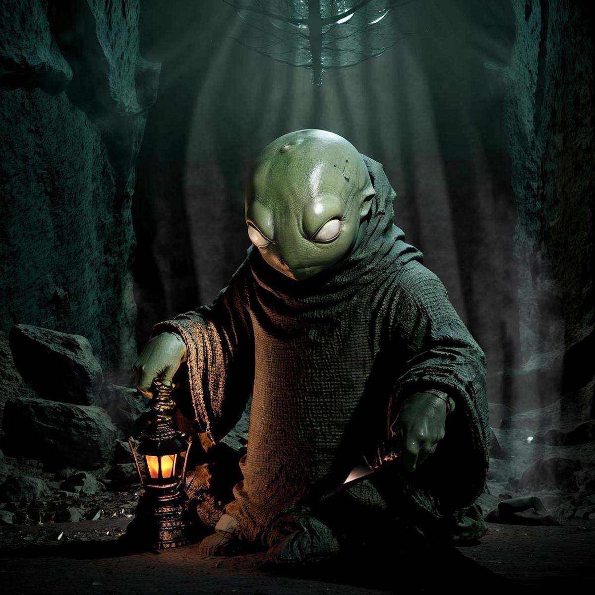 masterpiece eerie fantasy photo of tonberry,  showcasing deadly dagger knife in a cave,  eerie shadows on Tensor.Art