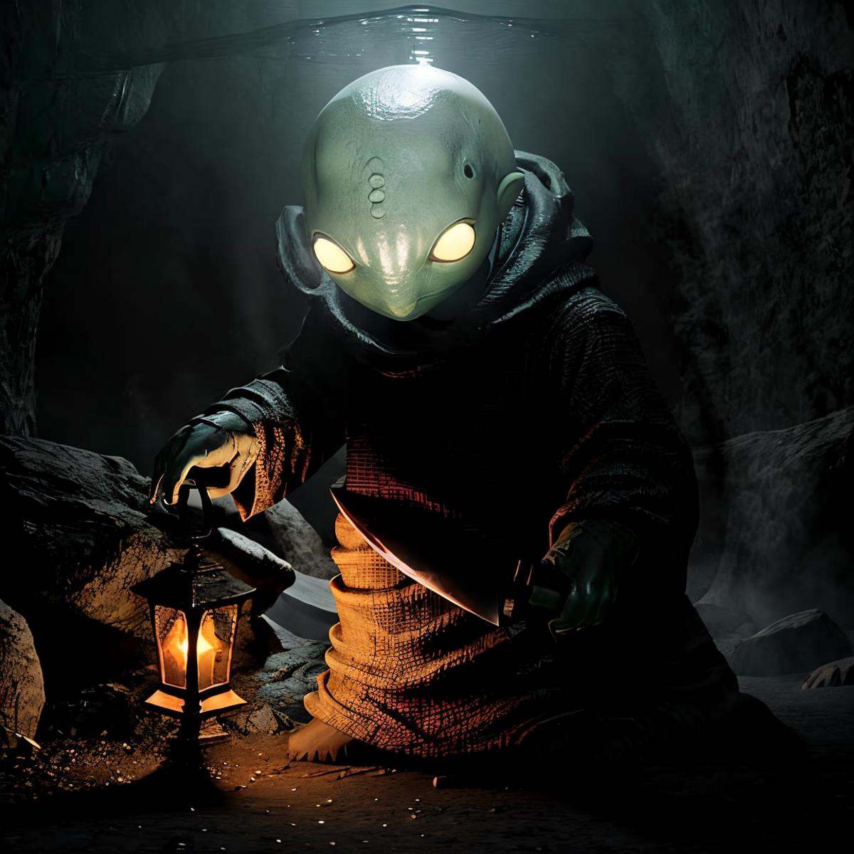 masterpiece eerie fantasy photo of tonberry,  showcasing deadly dagger knife in a cave,  eerie shadows on Tensor.Art
