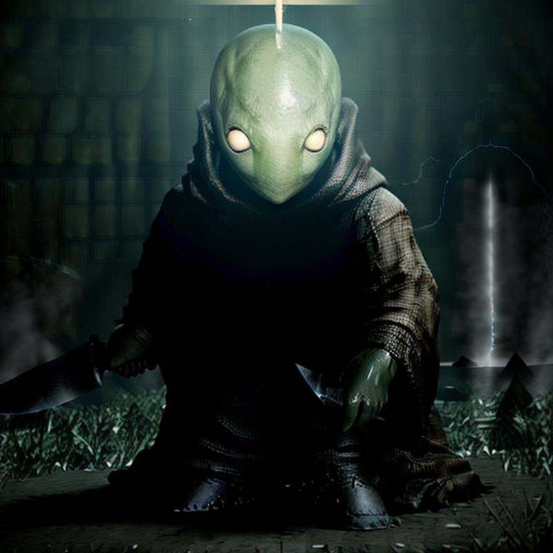 masterpiece dark fantasy photo of tonberry,  ((holding (knife) and lantern),  in a underground bunker on Tensor.Art