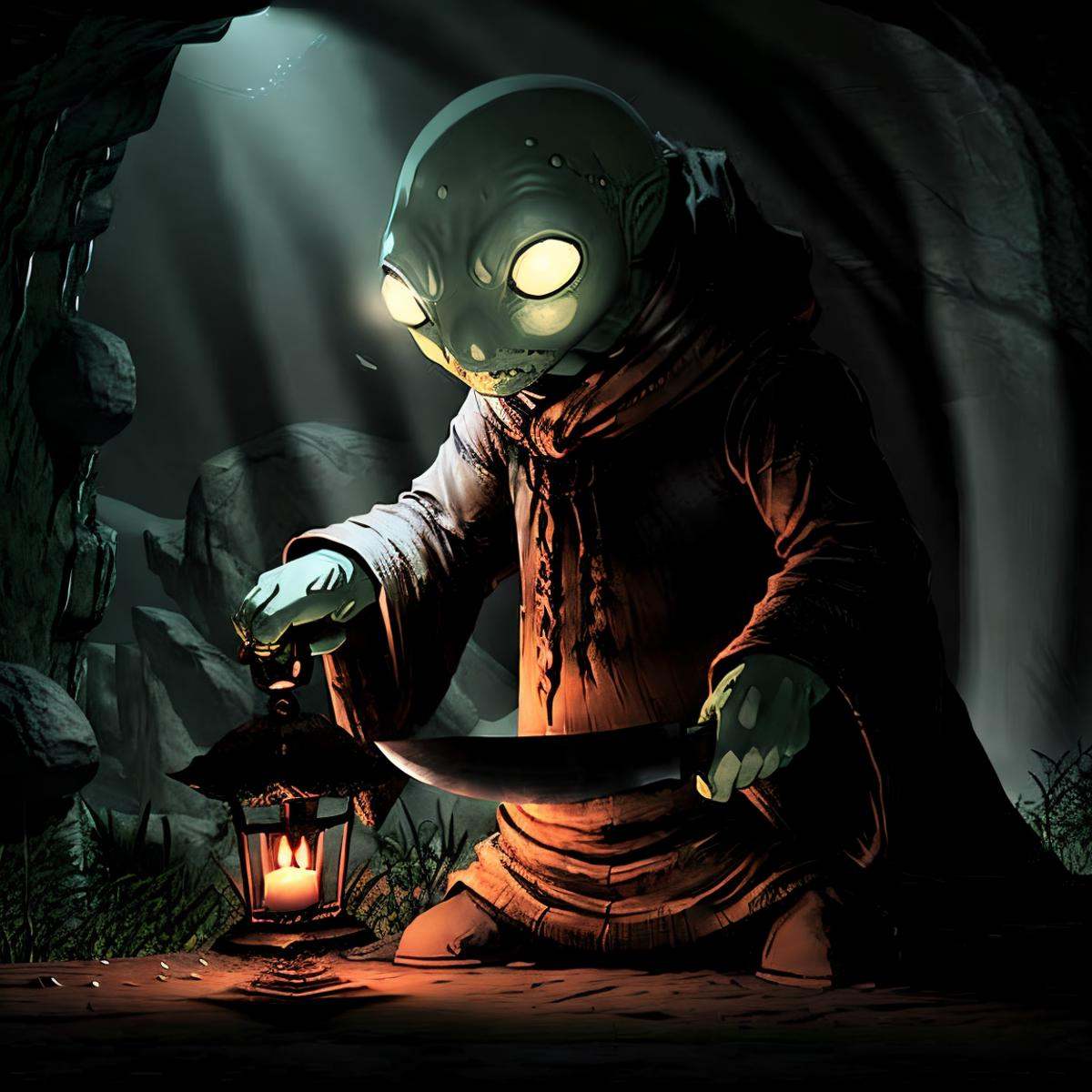 masterpiece eerie fantasy photo of tonberry,  showcasing deadly dagger knife in a cave,  eerie shadows on Tensor.Art