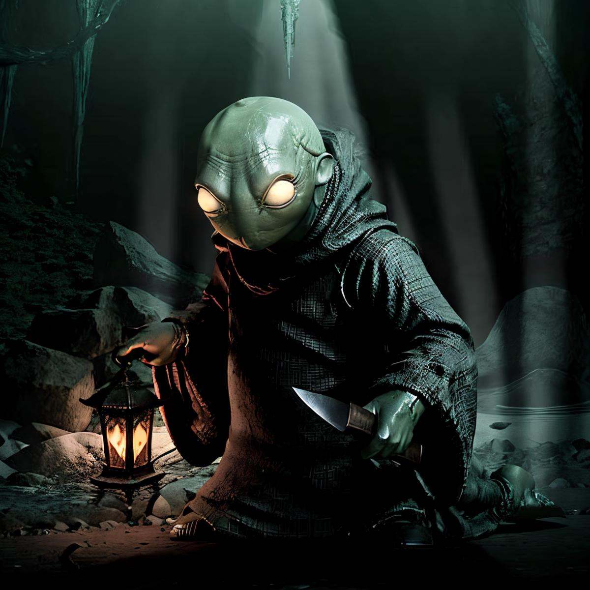 masterpiece eerie fantasy photo of tonberry,  showcasing deadly dagger knife in a cave,  eerie shadows on Tensor.Art