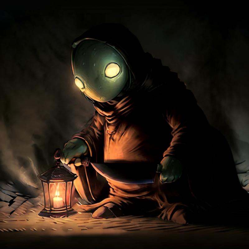 masterpiece dark fantasy photo of tonberry,  ((holding (knife) and lantern),  in a underground bunker on Tensor.Art