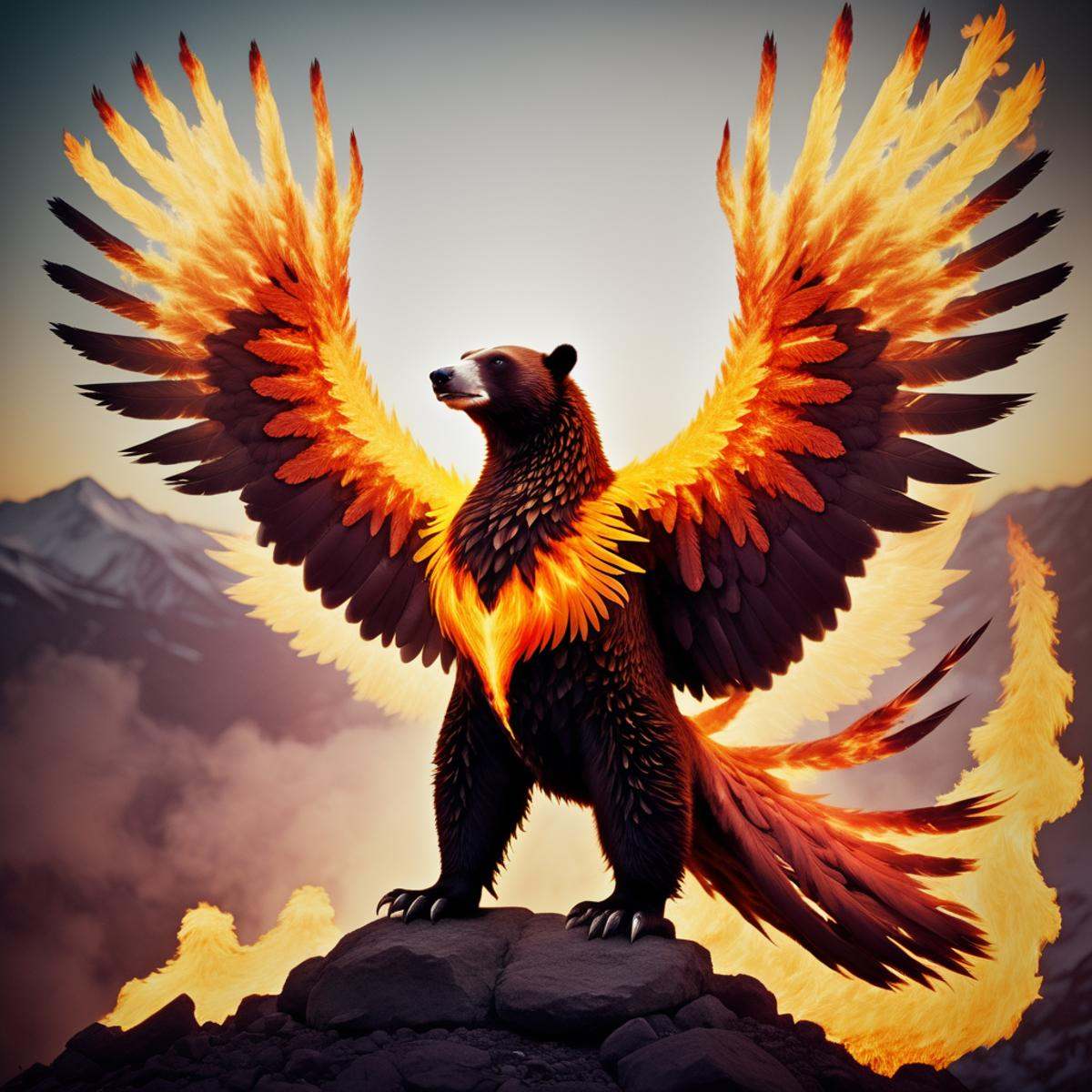 (half polar bear) half flaming phoenix,  hybrid animal,  flaming wings on Tensor.Art