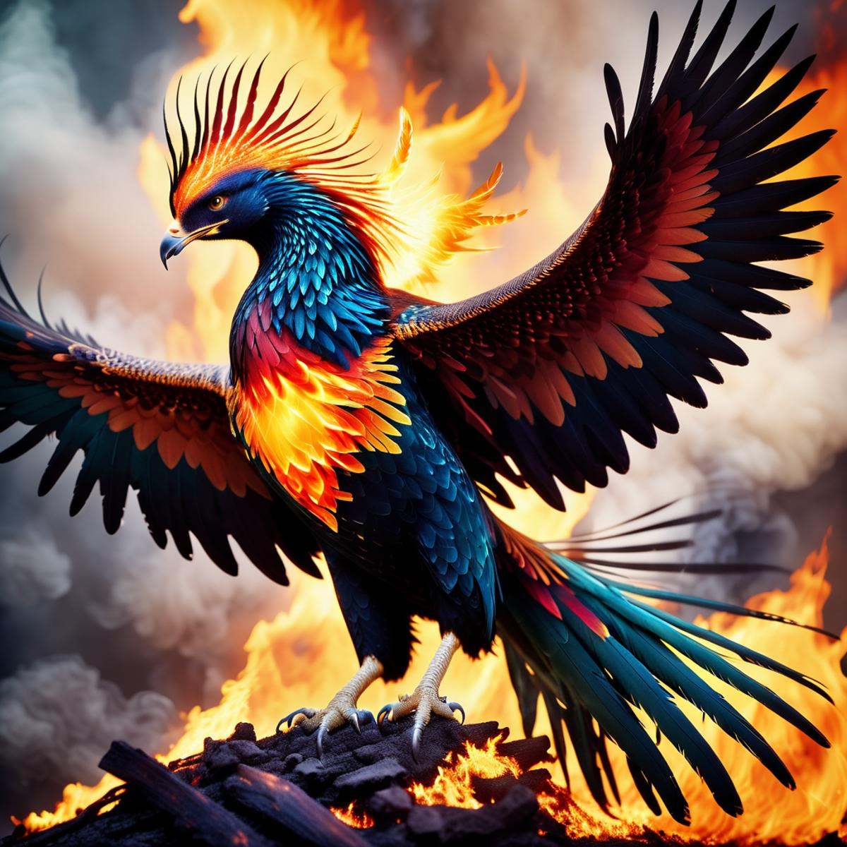 masterpiece photo of a phoenix in battle,  A piercing melodic cry echoed through the battlefield with each attack of its t...