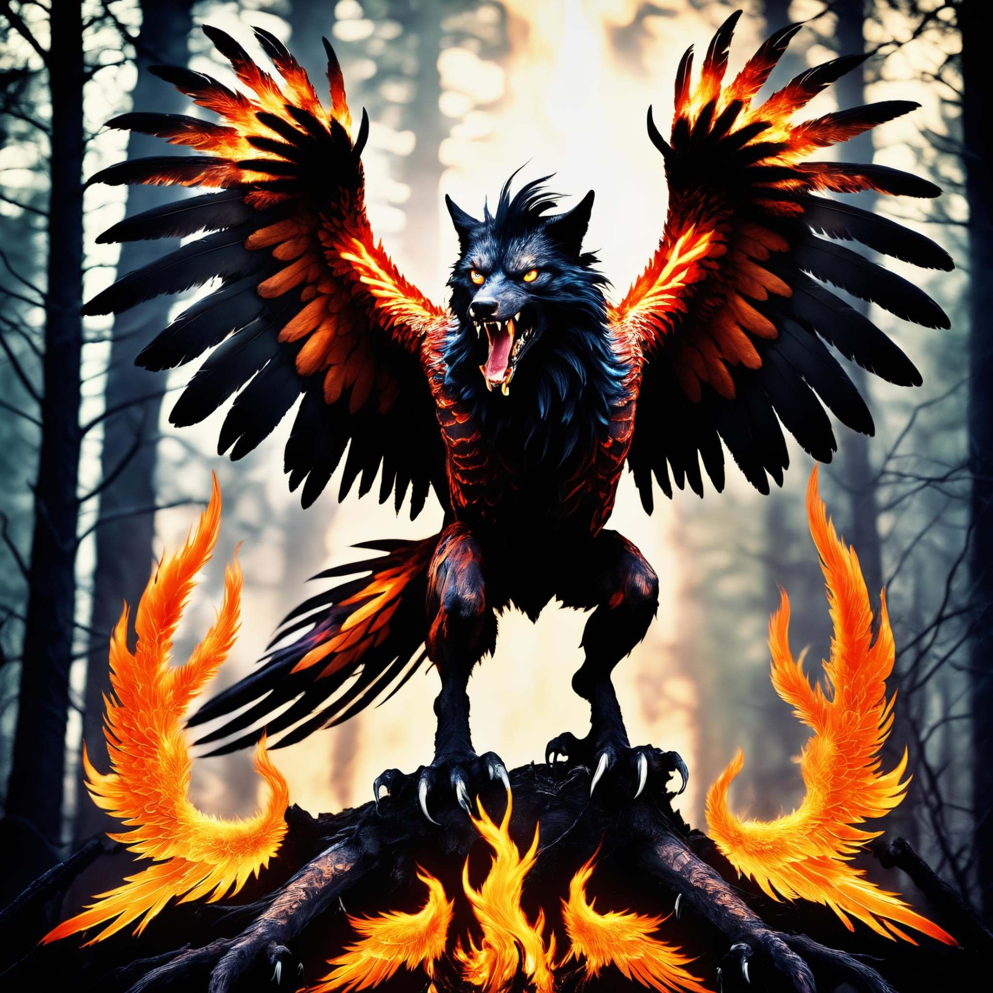 Deep in the forest a half werewolf half flaming phoenix howls,  savage humanoid creature,  standing on powerful hind legs...