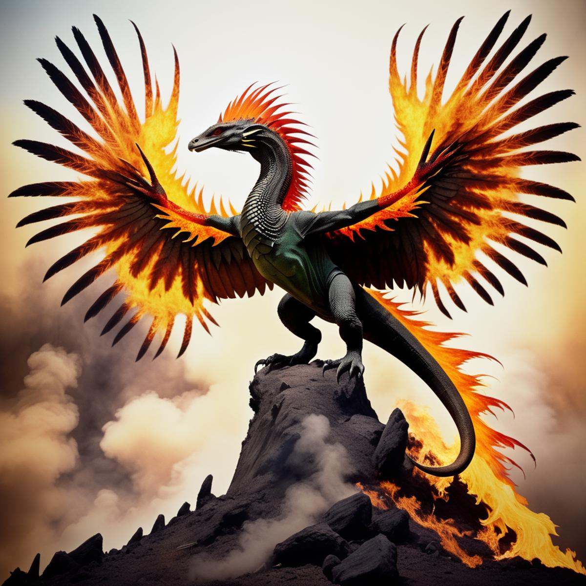 (half Komodo dragon) half flaming phoenix,  hybrid animal,  flaming wings on Tensor.Art