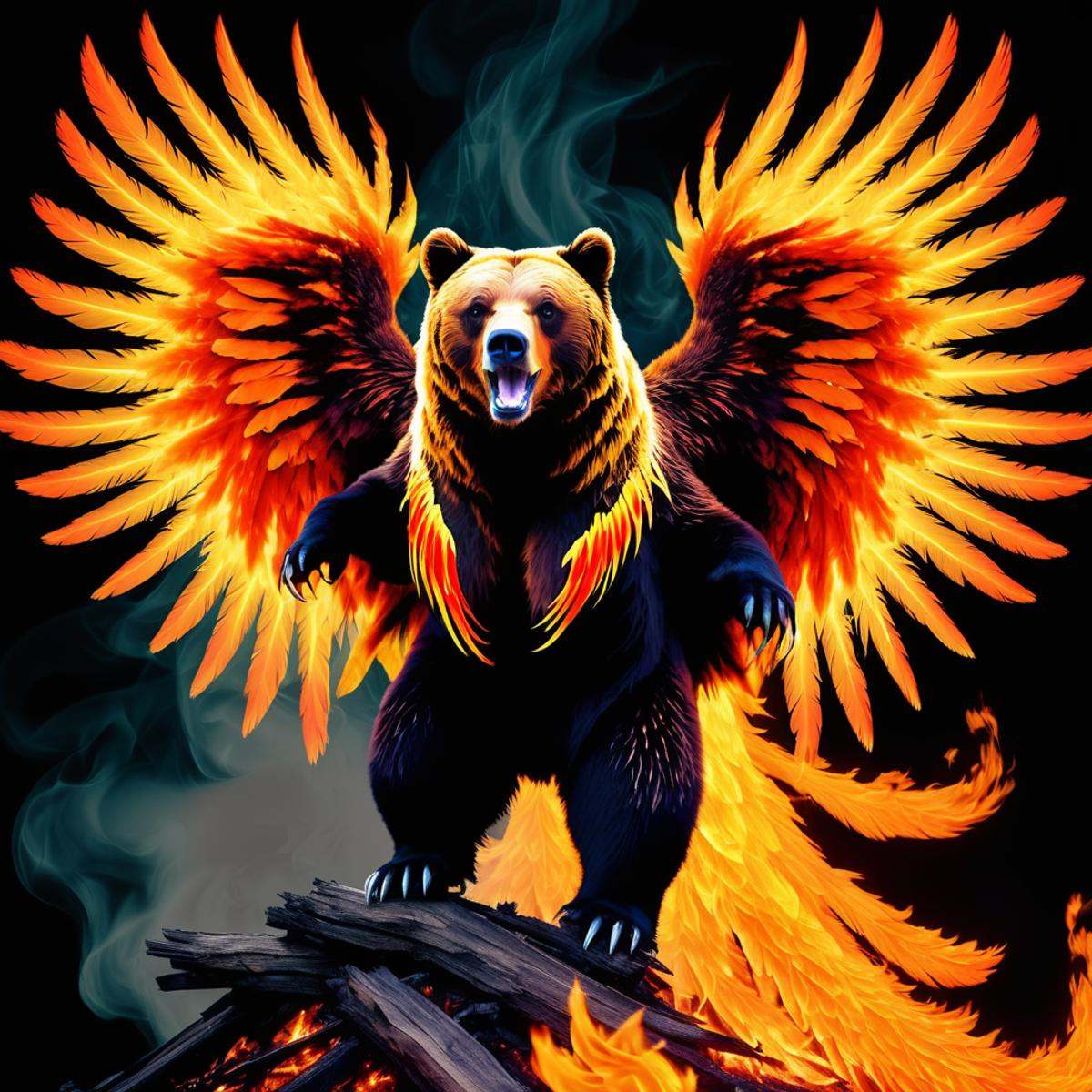 (half grizzly bear) half flaming phoenix,  terrifying glowing eyes,  flaming wings on Tensor.Art