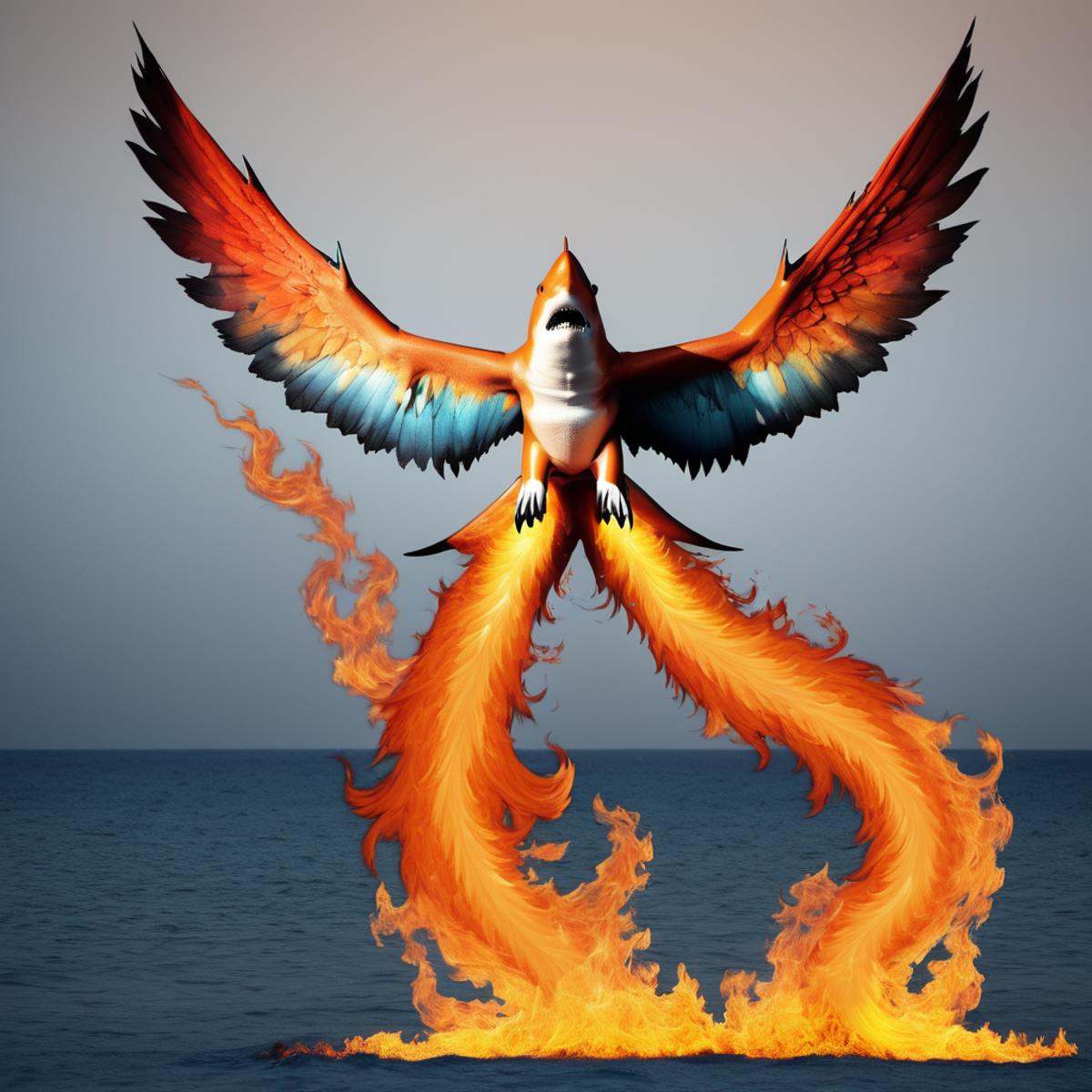 (half great white shark) half flaming phoenix,  hybrid animal,  flaming wings on Tensor.Art