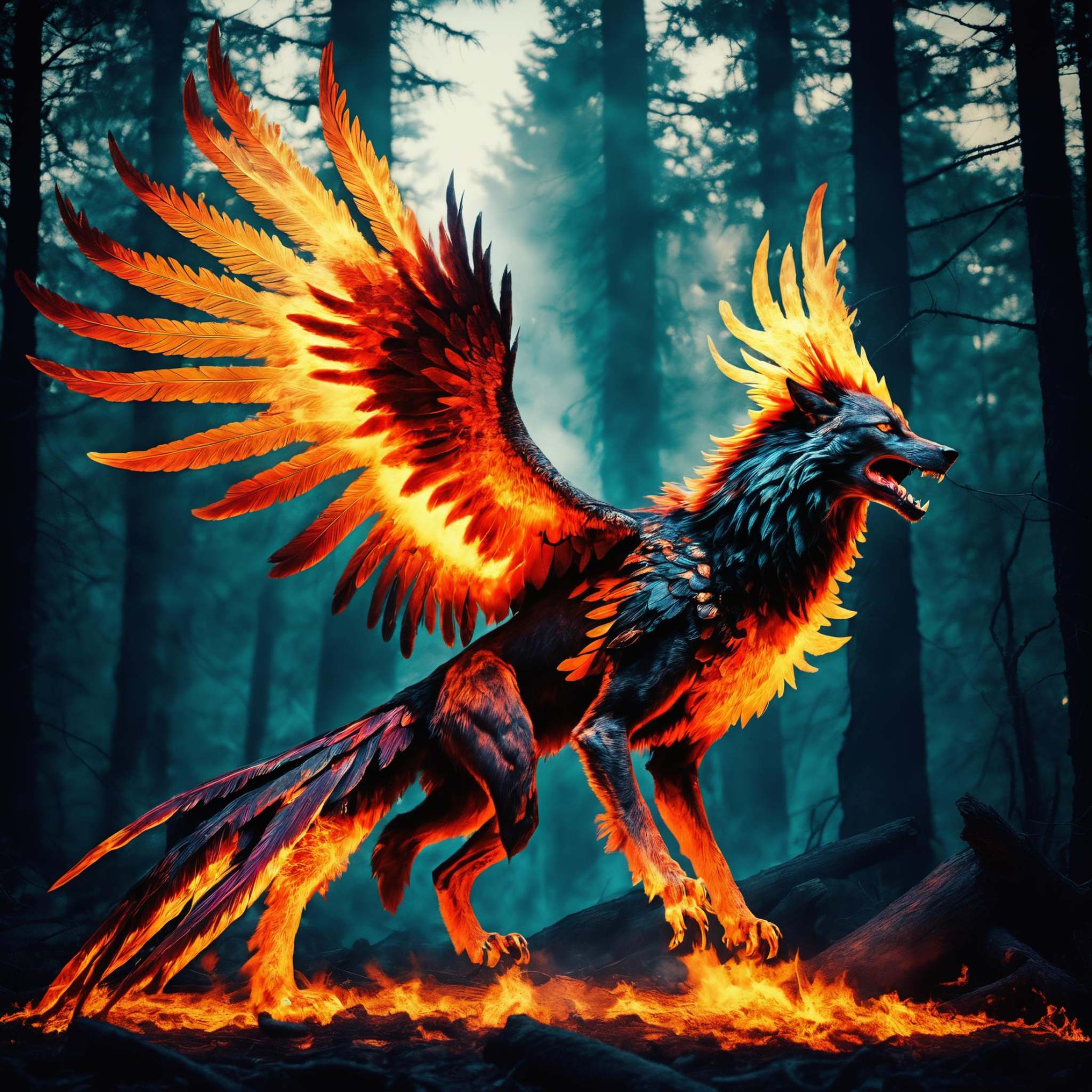 Deep in the forest a half werewolf half flaming phoenix howls,  savage humanoid creature,  standing on powerful hind legs...
