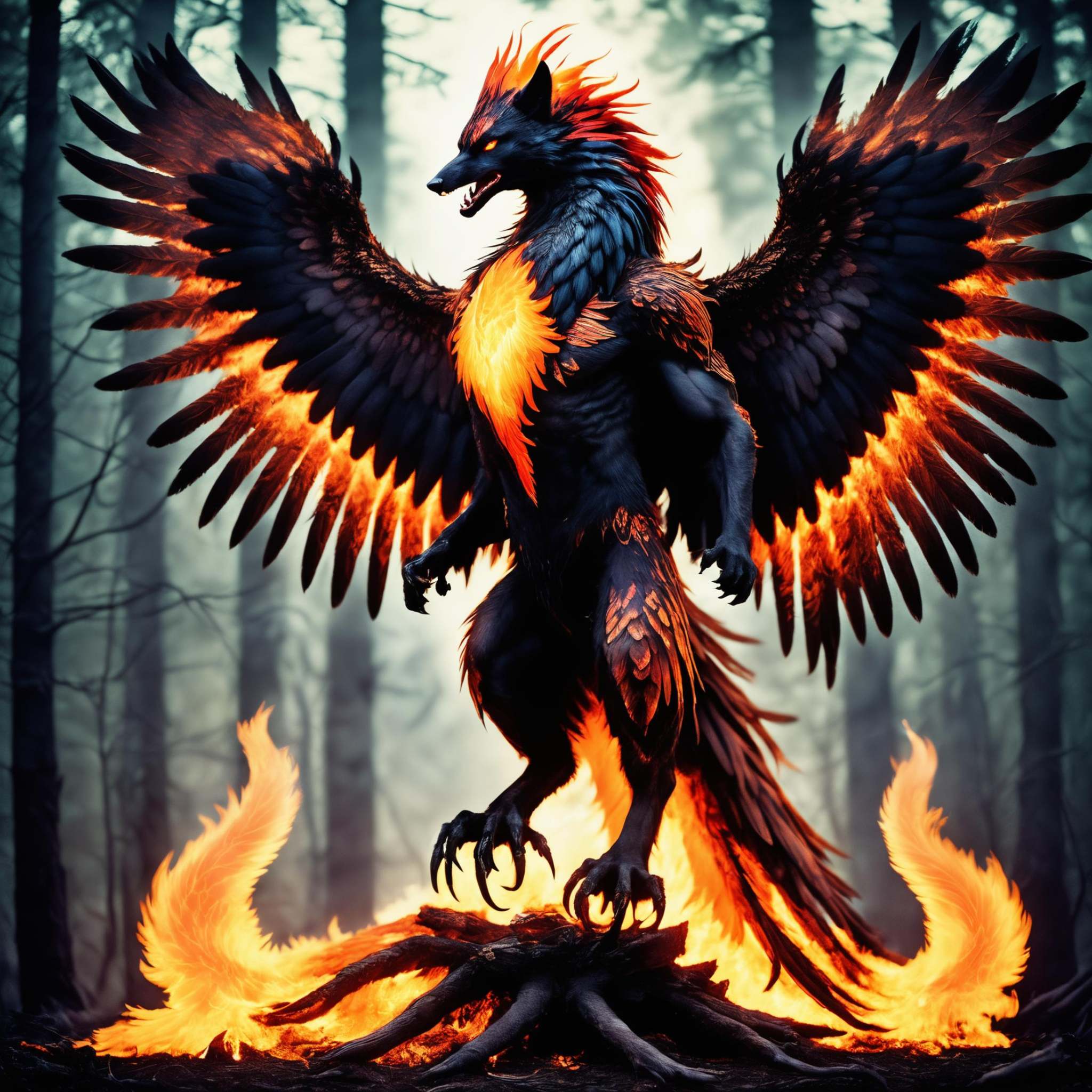 Deep in the forest a half werewolf half flaming phoenix howls,  savage humanoid creature,  standing on powerful hind legs...
