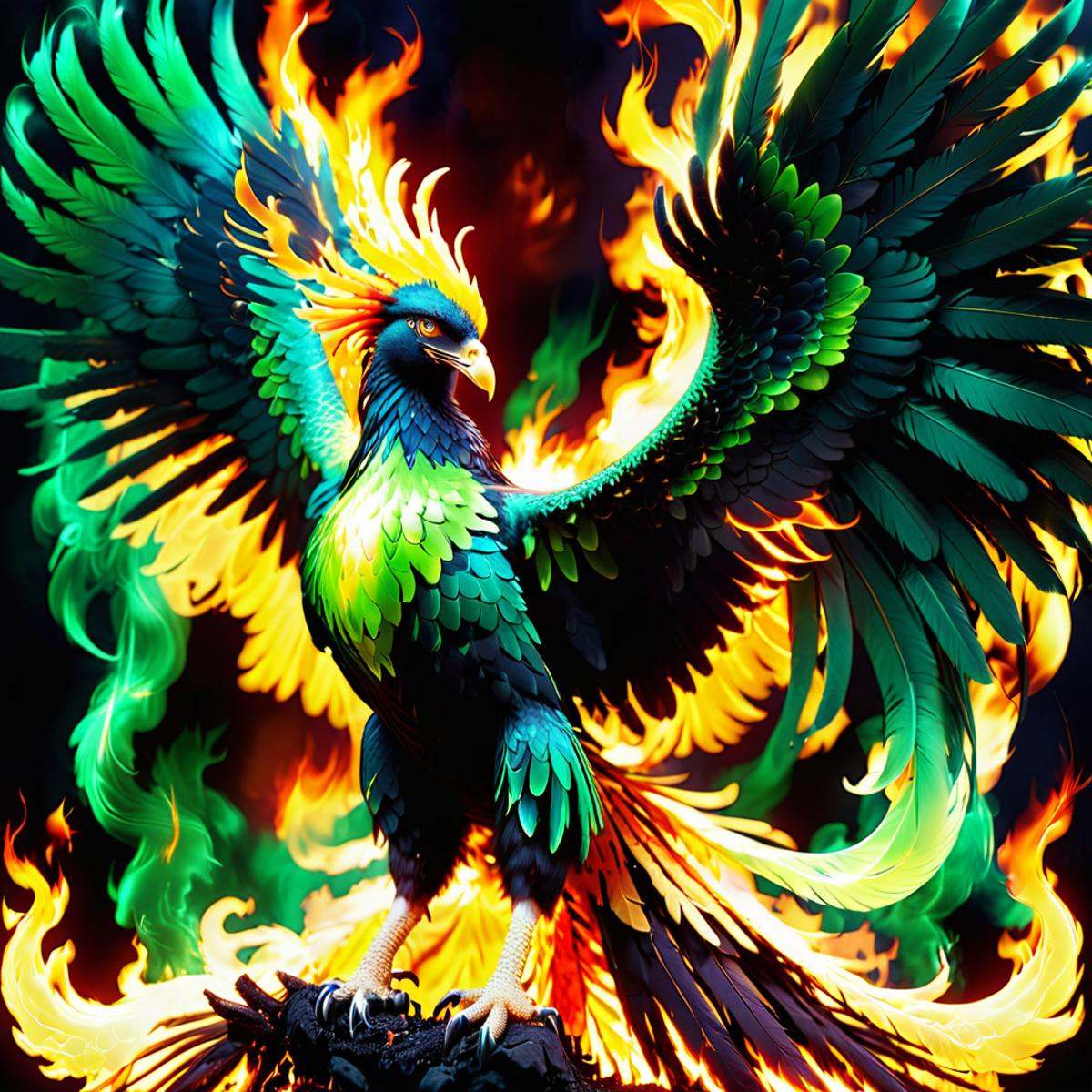 (((green) flaming)) phoenix on Tensor.Art