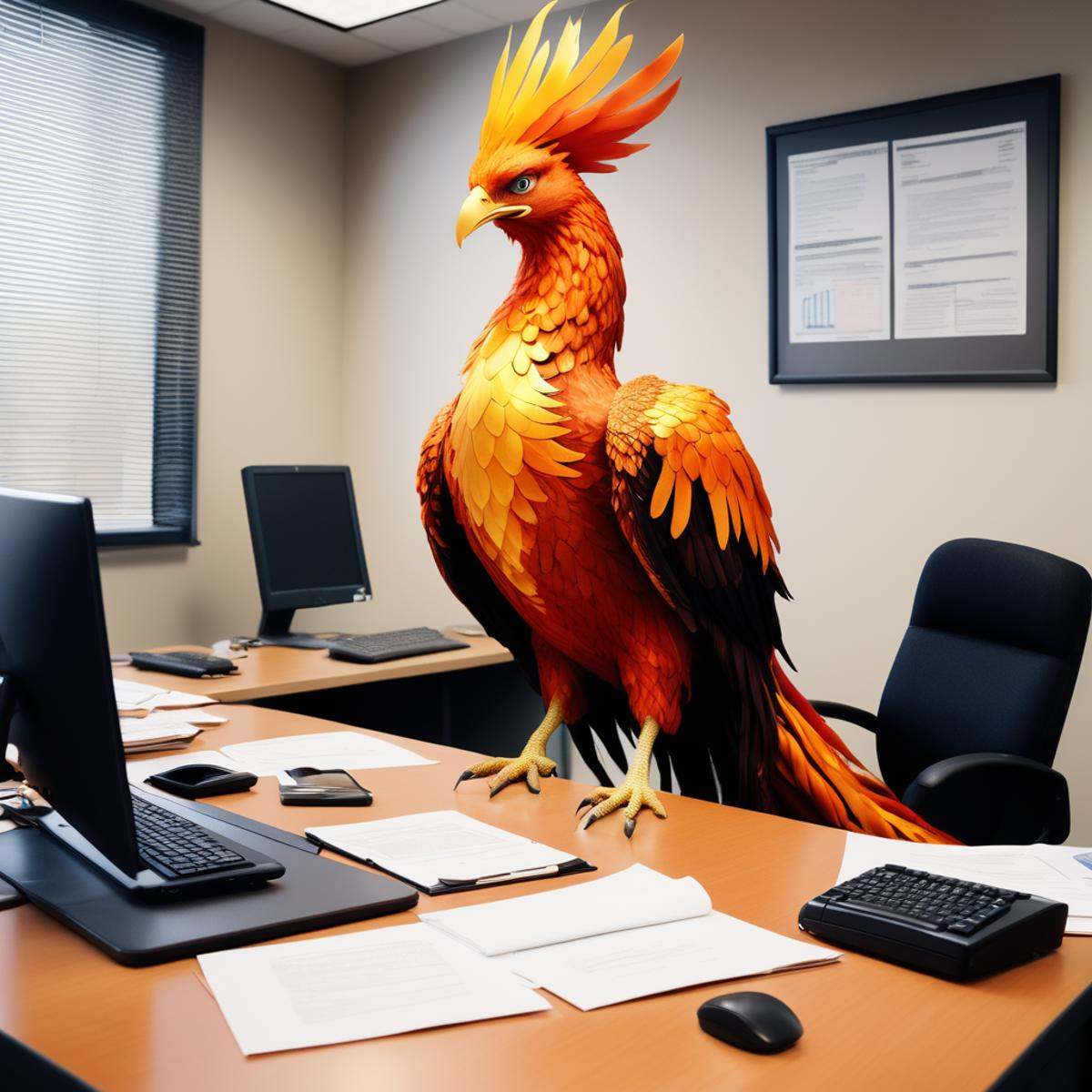 ((anthropomorphic)) phoenix in an office setting,  working a mundane career on Tensor.Art