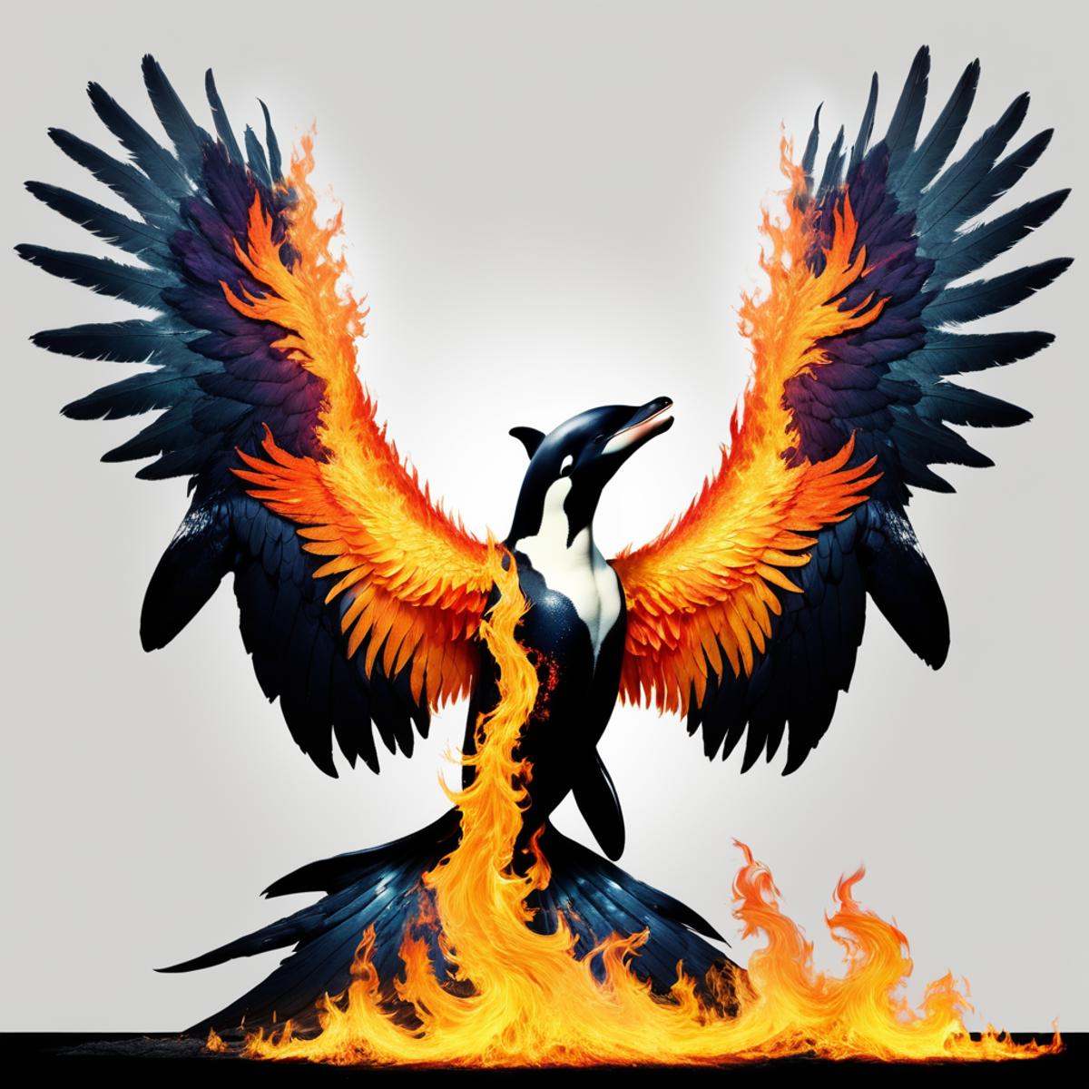 (half killer whale) half flaming phoenix,  hybrid animal,  flaming wings on Tensor.Art