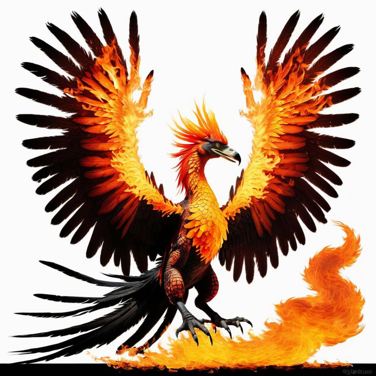 (half crocodile) half flaming phoenix,  hybrid animal,  flaming wings on Tensor.Art