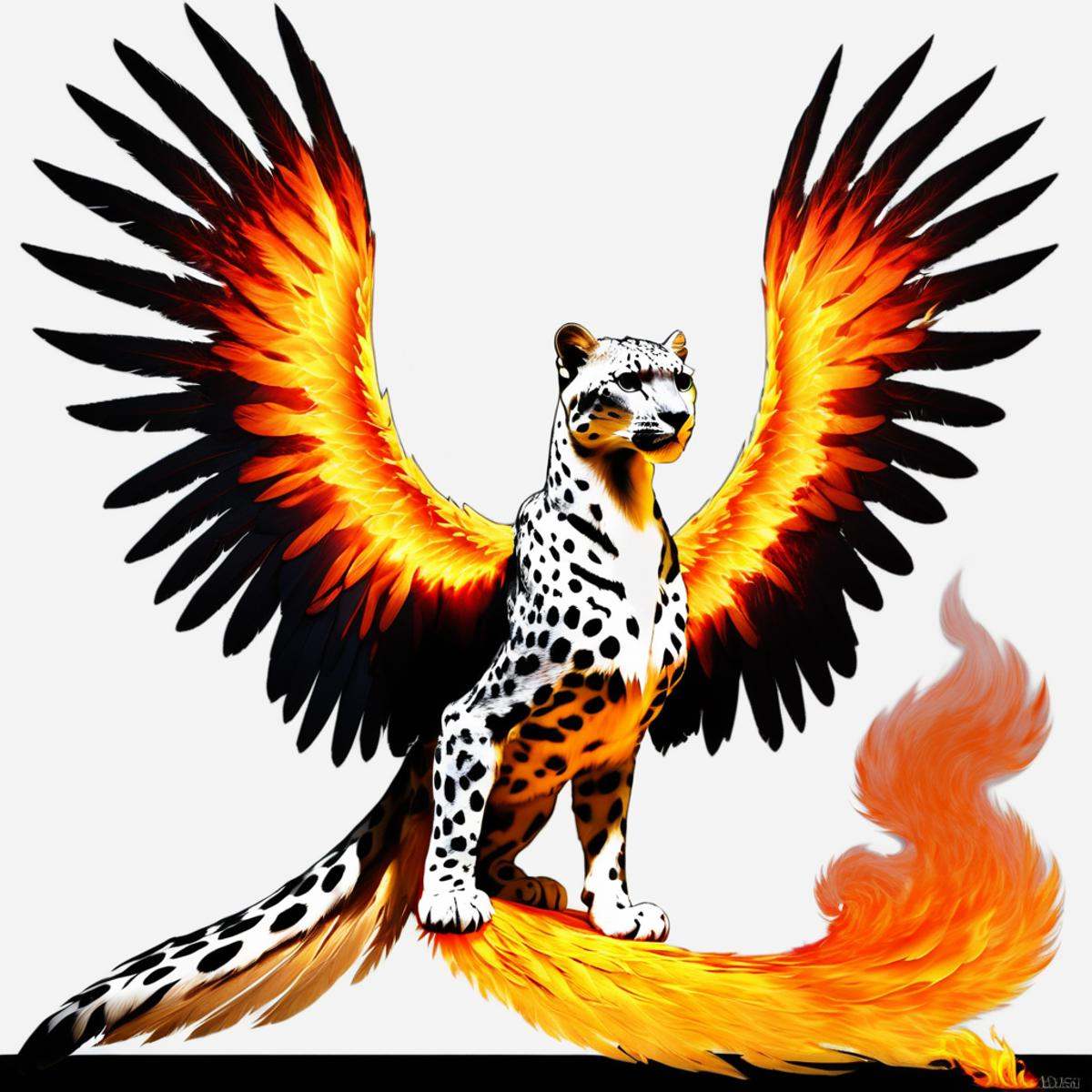 (half snow leopard) half flaming phoenix,  hybrid animal,  flaming wings on Tensor.Art