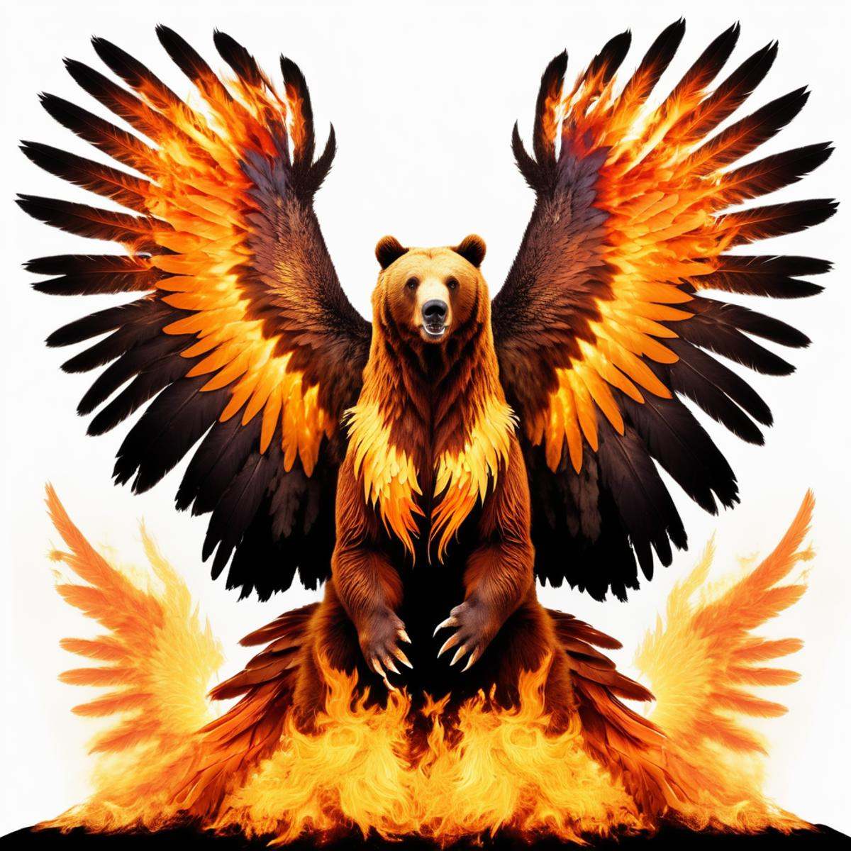 (half grizzly bear) half flaming phoenix,  hybrid animal,  flaming wings on Tensor.Art