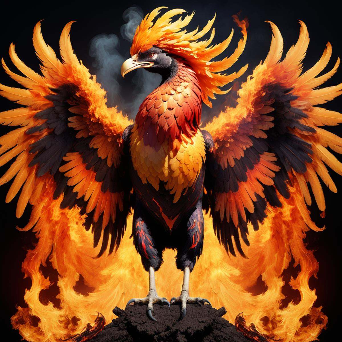 anthropomorphic flaming phoenix working a mundane career on Tensor.Art