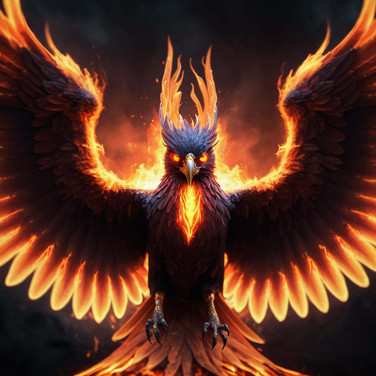 immolation phoenix,  terrifying glowing eyes,  majestic wings on Tensor.Art