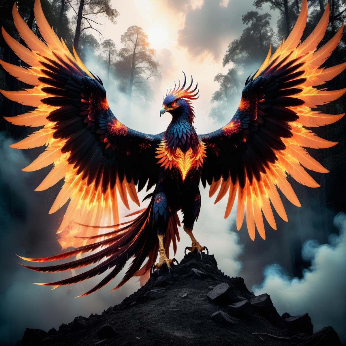 phoenix,  terrifying glowing eyes,  fierce wings on Tensor.Art